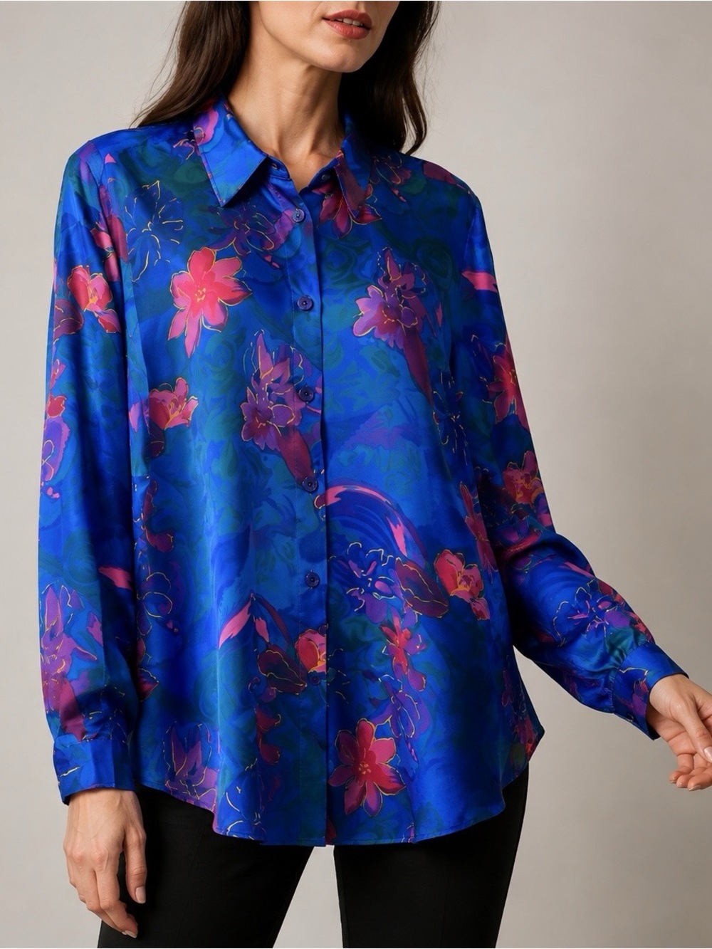 Impressions of California Blue Floral Button Front Long Sleeve Blouse